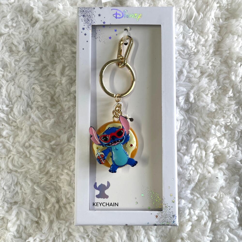 Disney Stitch Donut Floatie Spinner Keychain Charm Clip Gold Tone Sunglasses NEW
